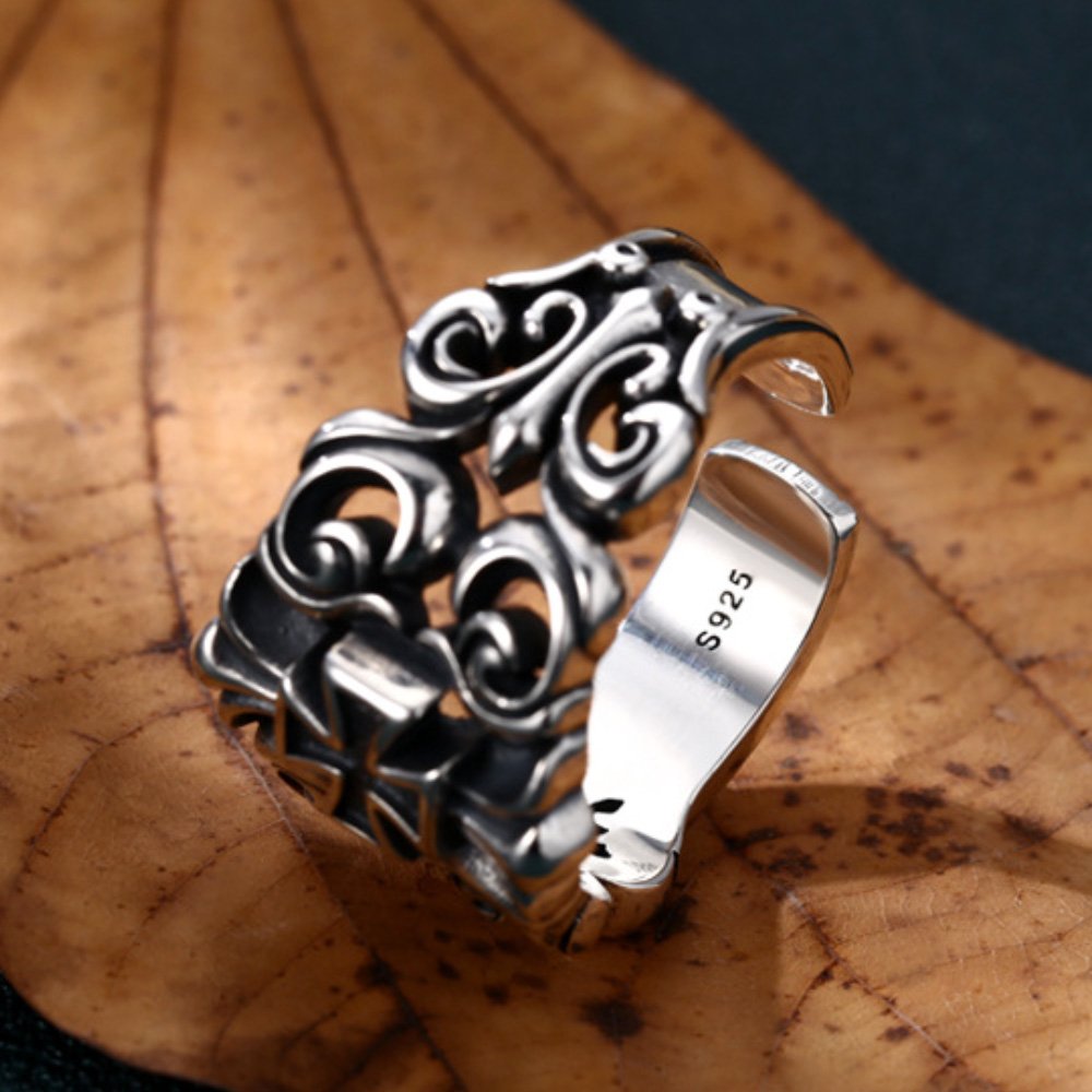 Men's Sterling Silver Ivy Pattern Iron Cross Ring