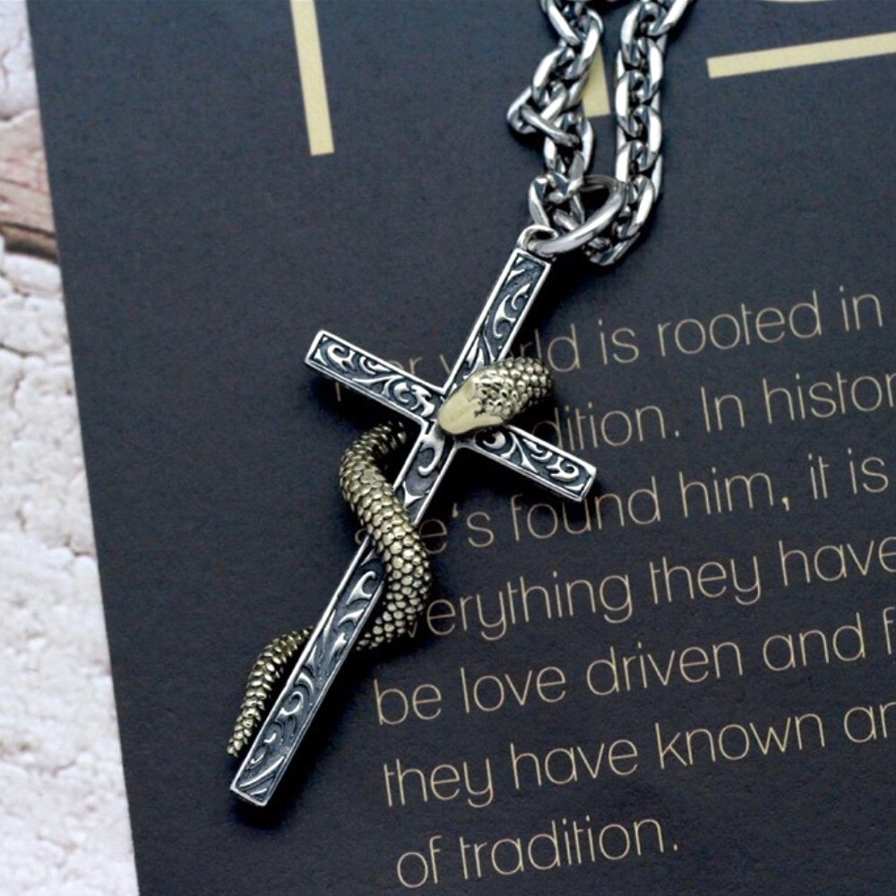 Men's Sterling Silver Snake Cross Necklace