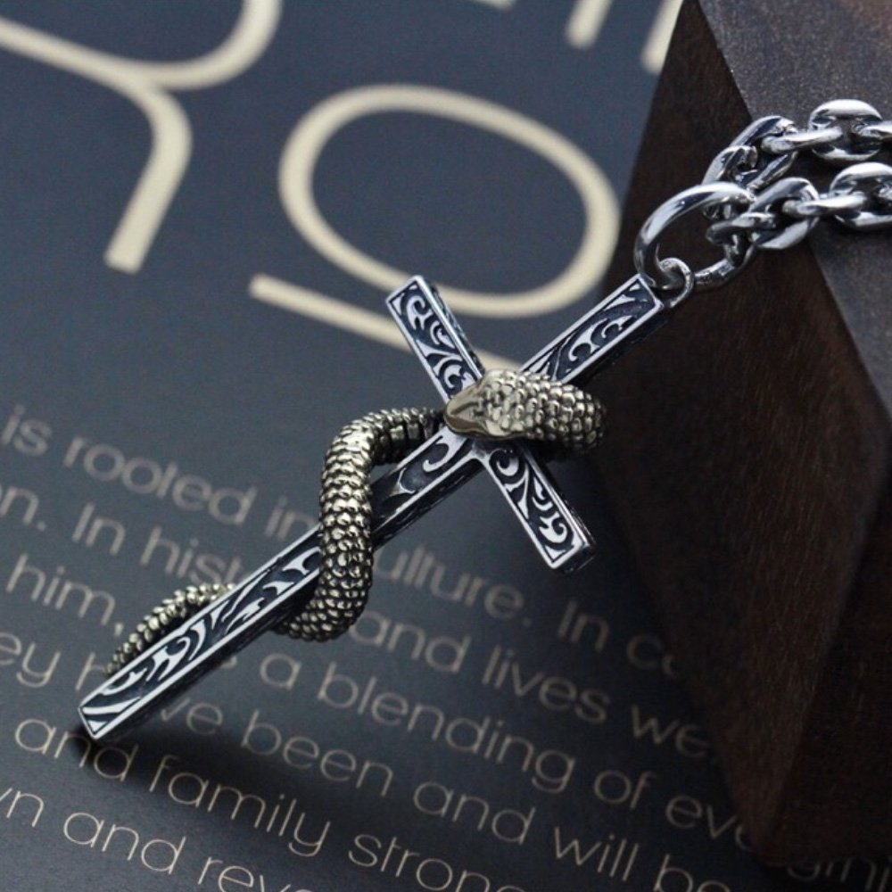 Men's Sterling Silver Snake Cross Necklace