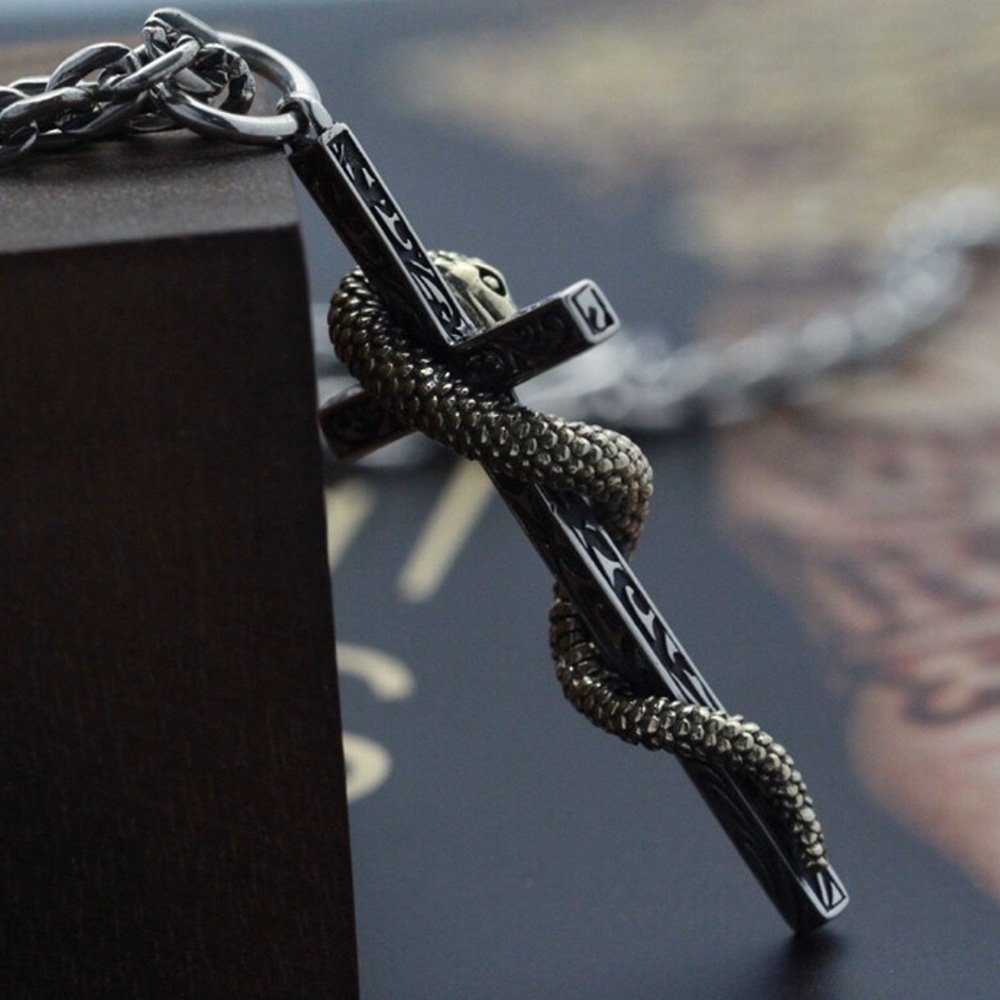 Men's Sterling Silver Snake Cross Necklace