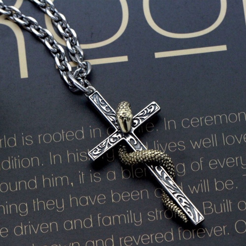 Men's Sterling Silver Snake Cross Necklace