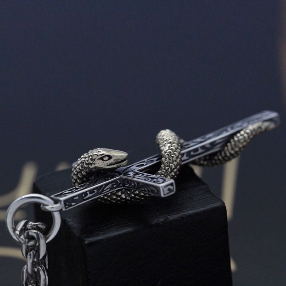Q&D&S 2-Piece Men's Punk Necklace Set - Viper Snake & Cross Pendant, Stainless Steel (Silver & Black)