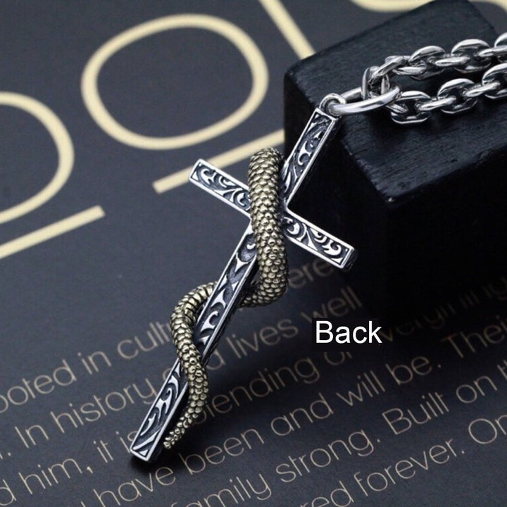 Men's Sterling Silver Snake Cross Necklace