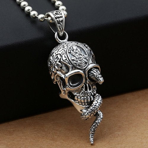 Men's Sterling Silver Snake Skull Necklace