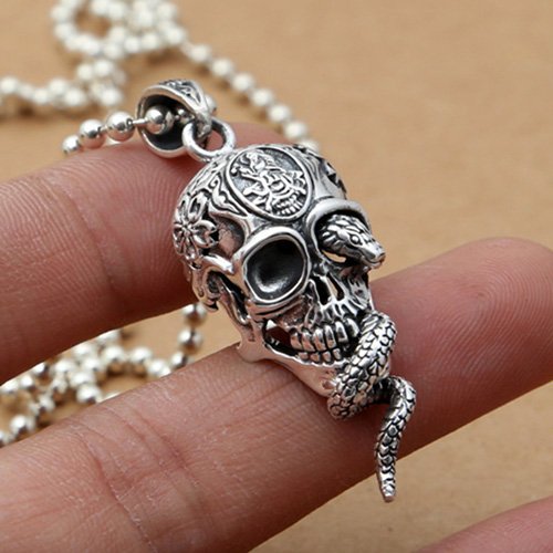 Men's Sterling Silver Snake Skull Necklace