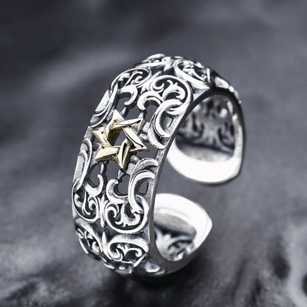 Men's Sterling Silver Star of David Ivy Pattern Ring