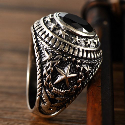 Men's Sterling Silver Stars Obsidian Ring