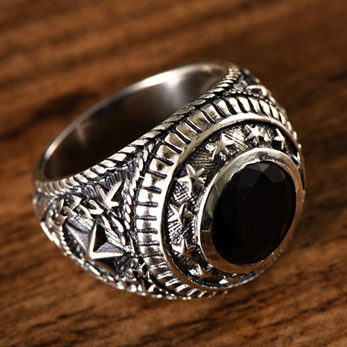 Men's Sterling Silver Stars Obsidian Ring