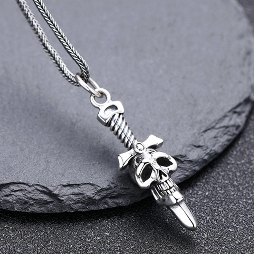 Men's Sterling Silver Sword Skull Necklace