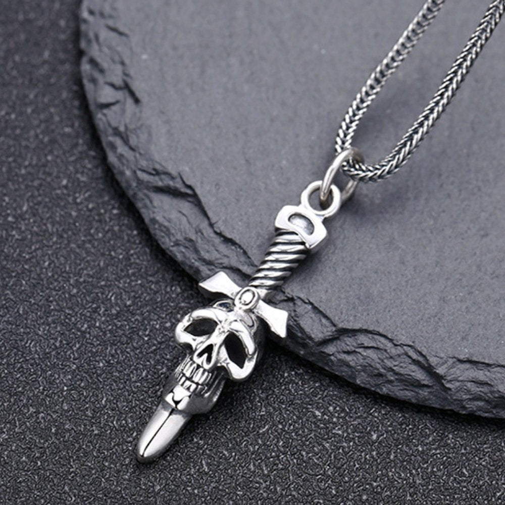 Men's Sterling Silver Sword Skull Necklace