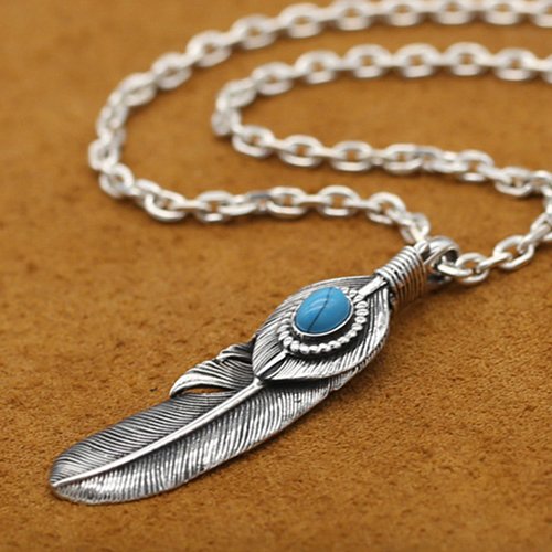 Men's Sterling Silver Turquoise Feather Necklace