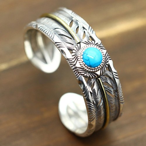 Mens Sterling Silver Turquoise Feather Wide Cuff Bracelet