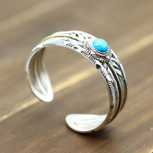 Men's Sterling Silver Turquoise Feather Wide Cuff Bracelet