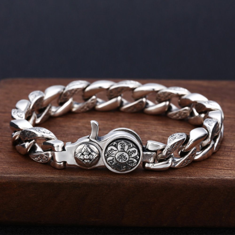 Men's Sterling Silver Vajra Clasp Curb Chain Bracelet