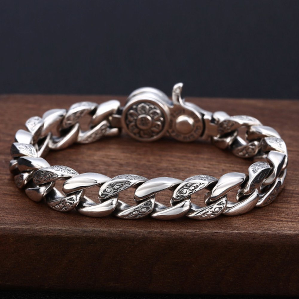 Men's Sterling Silver Vajra Clasp Curb Chain Bracelet
