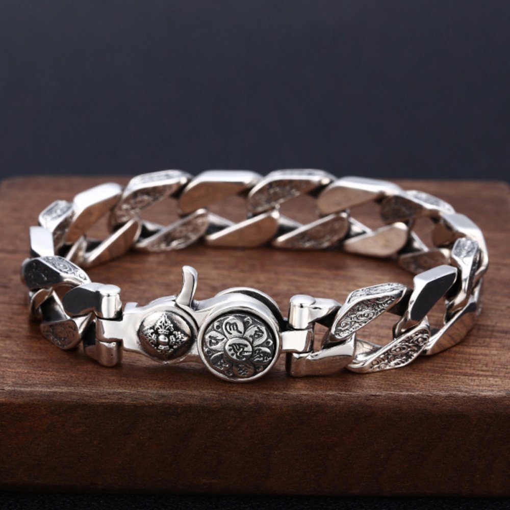 Men's Sterling Silver Vajra Clasp Curb Chain Bracelet