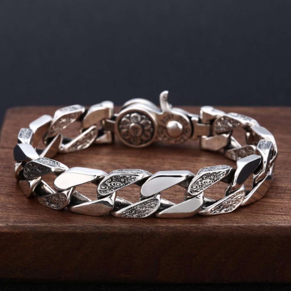 Men's Sterling Silver Vajra Clasp Curb Chain Bracelet