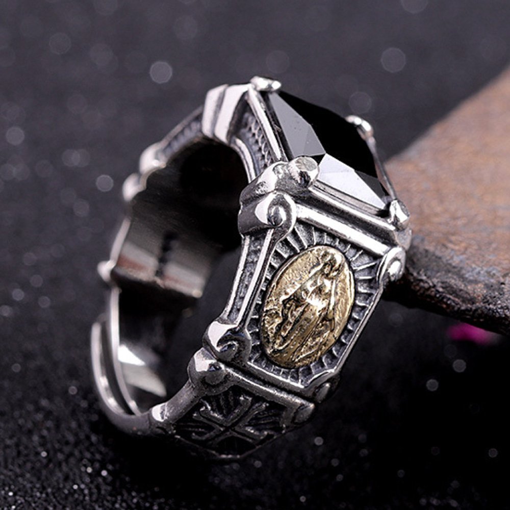 Men's Sterling Silver Virgin Mary Black Onyx Ring