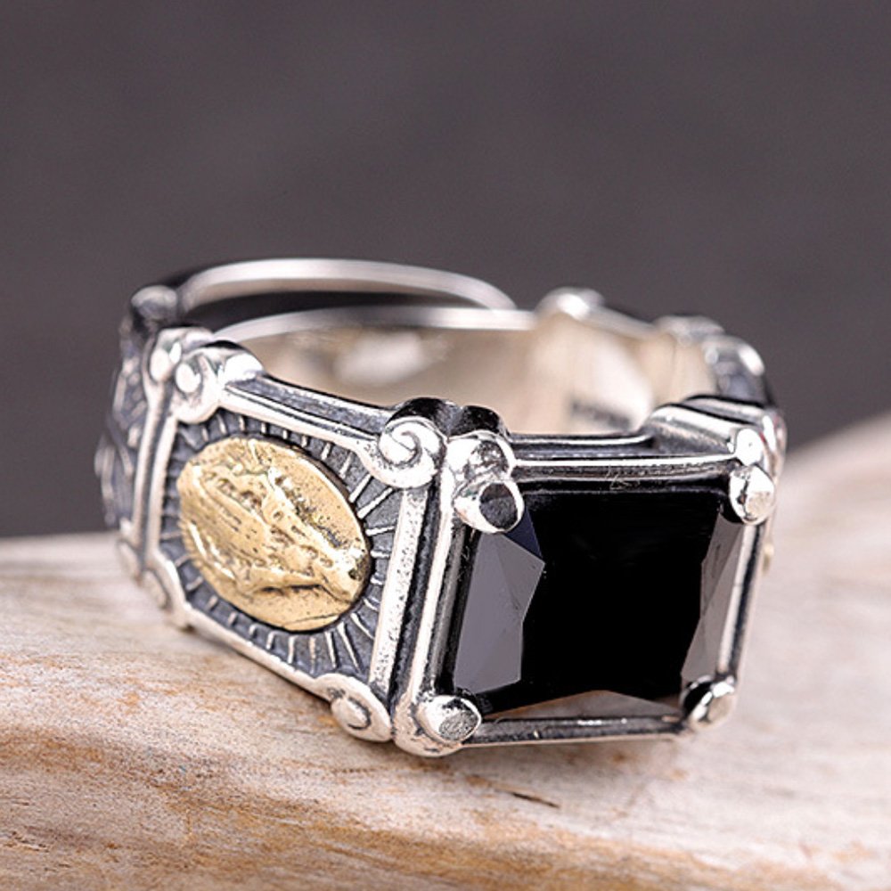 Men's Sterling Silver Virgin Mary Black Onyx Ring