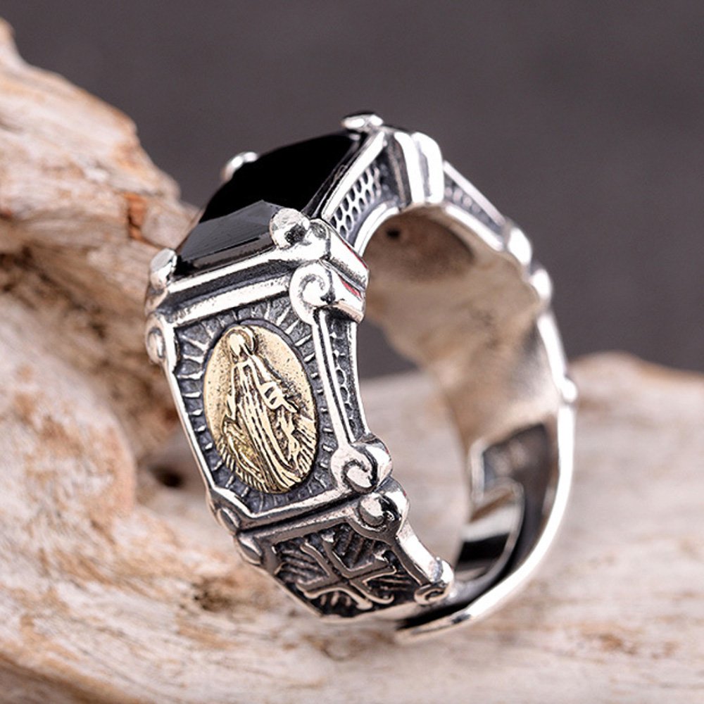 Men's Sterling Silver Virgin Mary Black Onyx Ring
