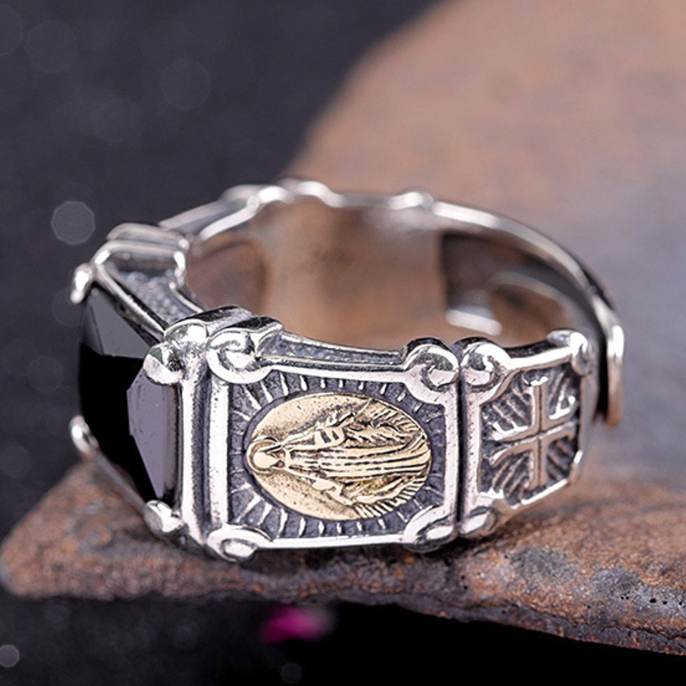 Men's Sterling Silver Virgin Mary Black Onyx Ring