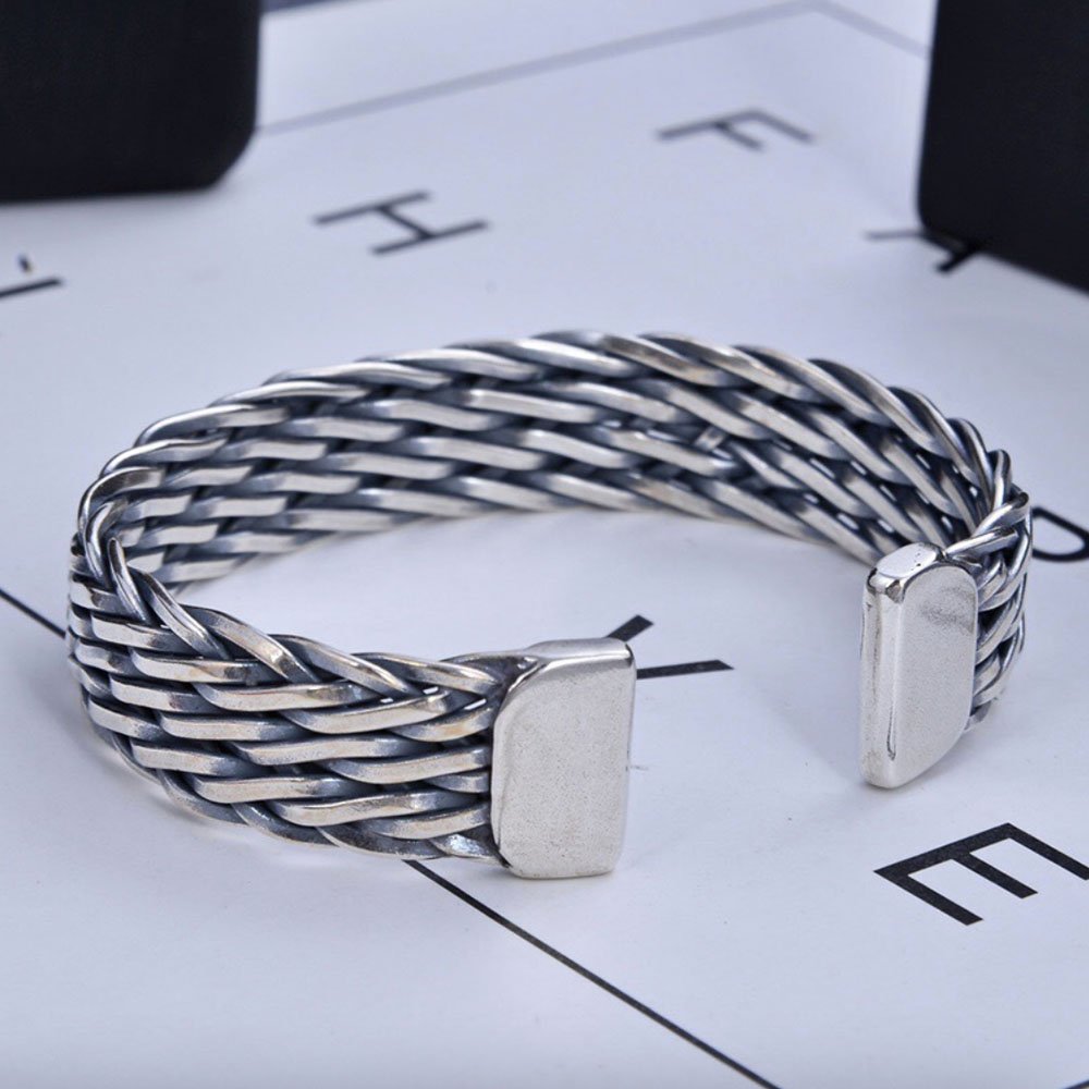 Men's Sterling Silver Wide Braided Cuff Bracelet