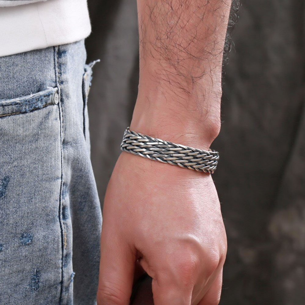 Men's Sterling Silver Wide Braided Cuff Bracelet