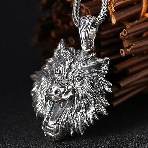 Men's Sterling Silver Wolf Head Necklace