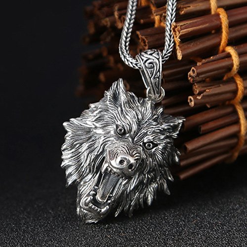 Men's Sterling Silver Wolf Head Necklace