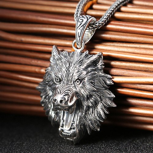 Men's Sterling Silver Wolf Head Necklace