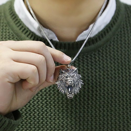 Men's Sterling Silver Wolf Head Necklace