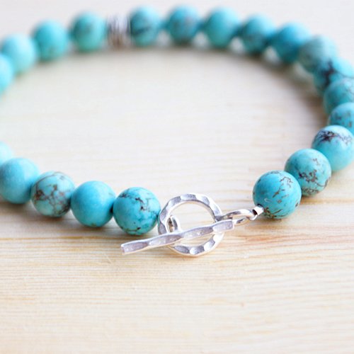 Men's Turquoise Beaded Bracelet with Sterling Silver Charm and Clasp 6.5"-8.5"