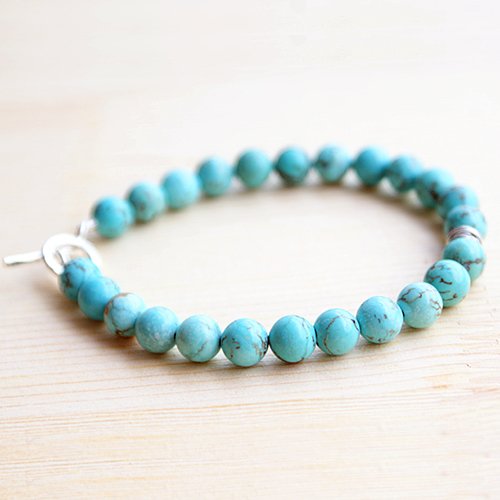 Men's Turquoise Beaded Bracelet with Sterling Silver Charm and Clasp 6.5"-8.5"