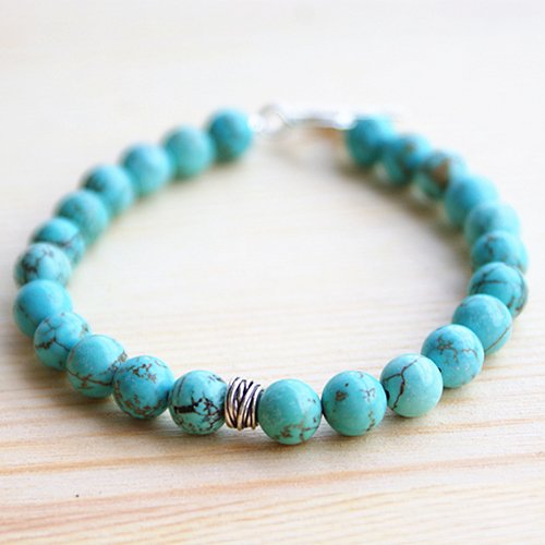 Men's Turquoise Beaded Bracelet with Sterling Silver Charm and Clasp 6.5"-8.5"