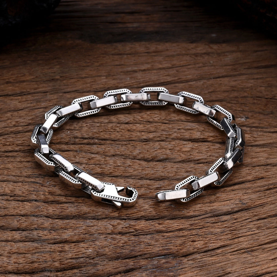 Men’s Sterling Silver Beaded Edge Rectangle Link Bracelet