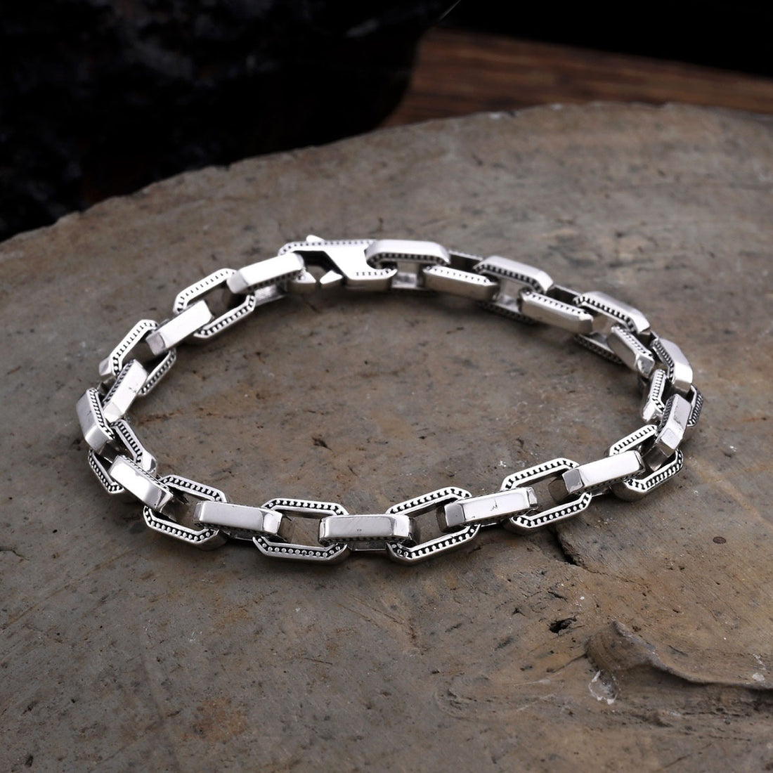 Men’s Sterling Silver Beaded Edge Rectangle Link Bracelet