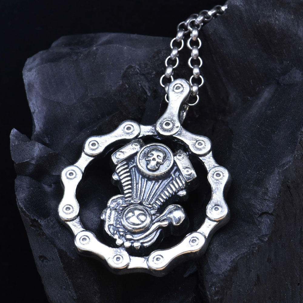 Mens Sterling Silver Bike Engine Pendant Necklace