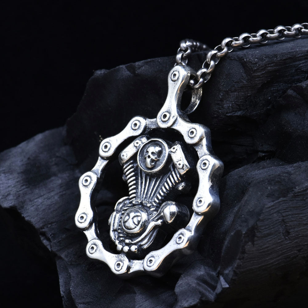 Mens Sterling Silver Bike Engine Pendant Necklace