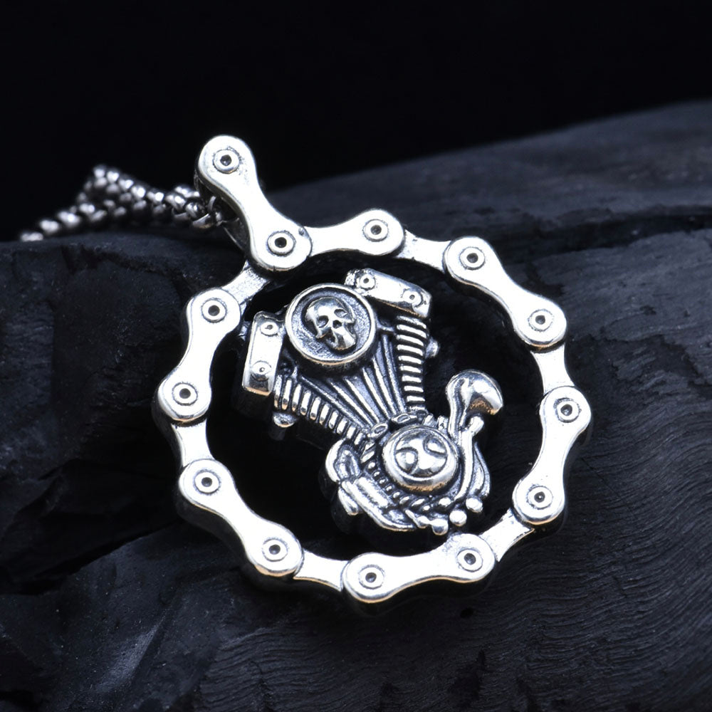 Mens Sterling Silver Bike Engine Pendant Necklace