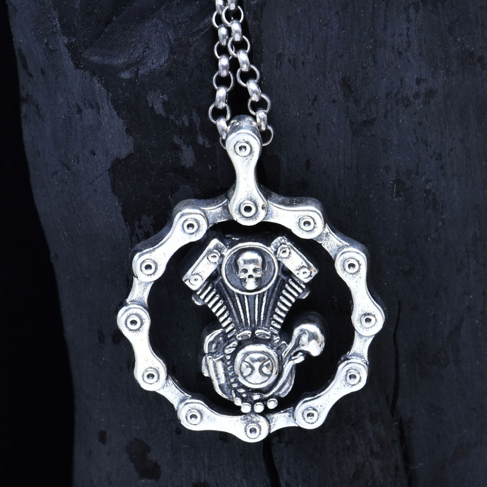 Mens Sterling Silver Bike Engine Pendant Necklace