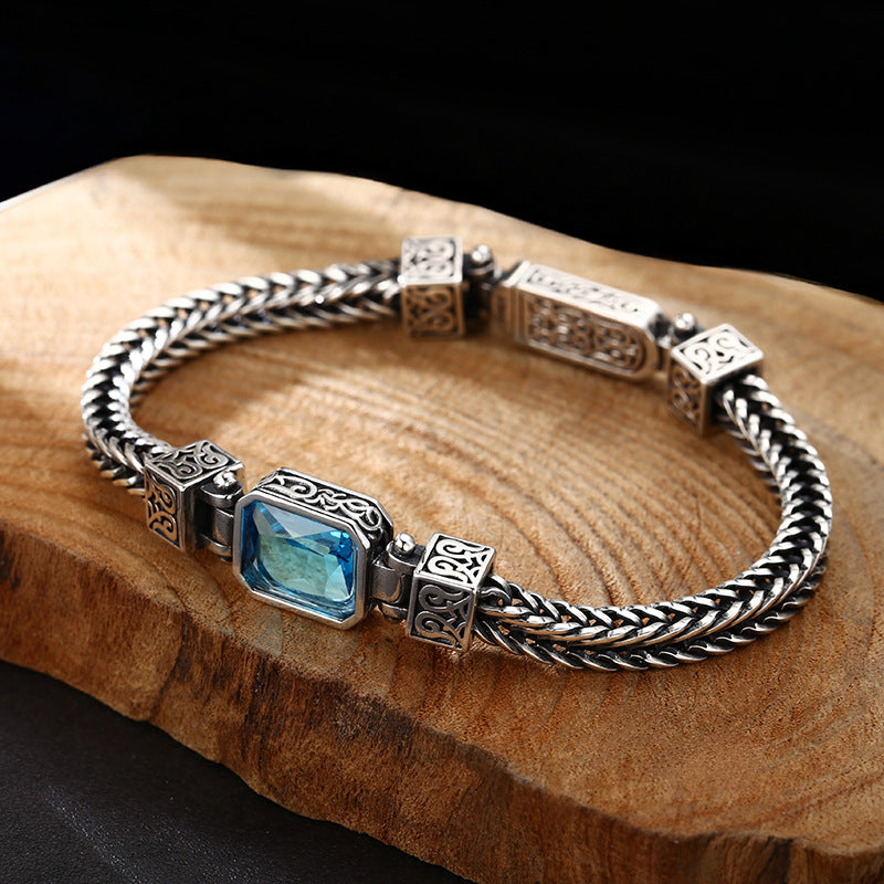 Men’s Sterling Silver Blue Crystal Wheat Chain Bracelet