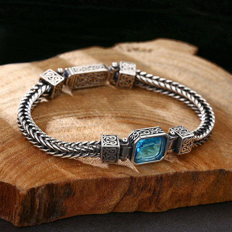Men’s Sterling Silver Blue Crystal Wheat Chain Bracelet