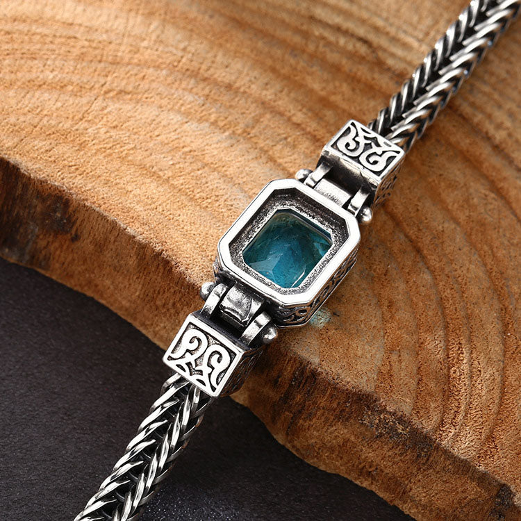 Men’s Sterling Silver Blue Crystal Wheat Chain Bracelet