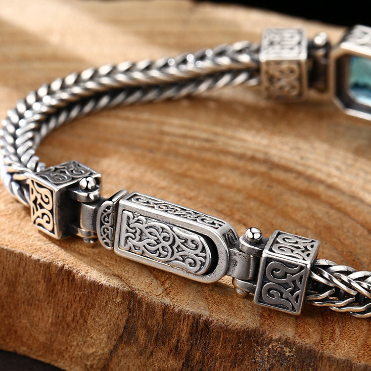 Men’s Sterling Silver Blue Crystal Wheat Chain Bracelet