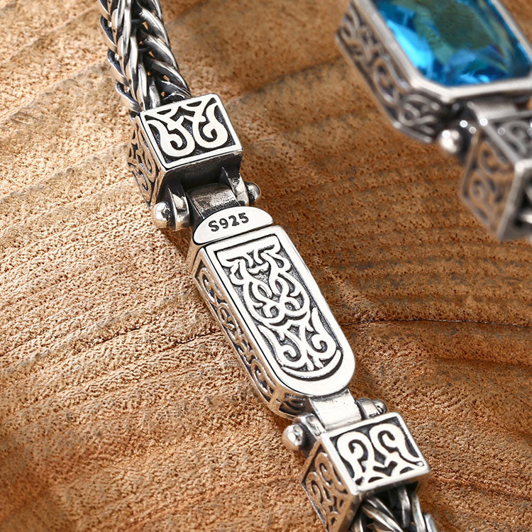 Men’s Sterling Silver Blue Crystal Wheat Chain Bracelet