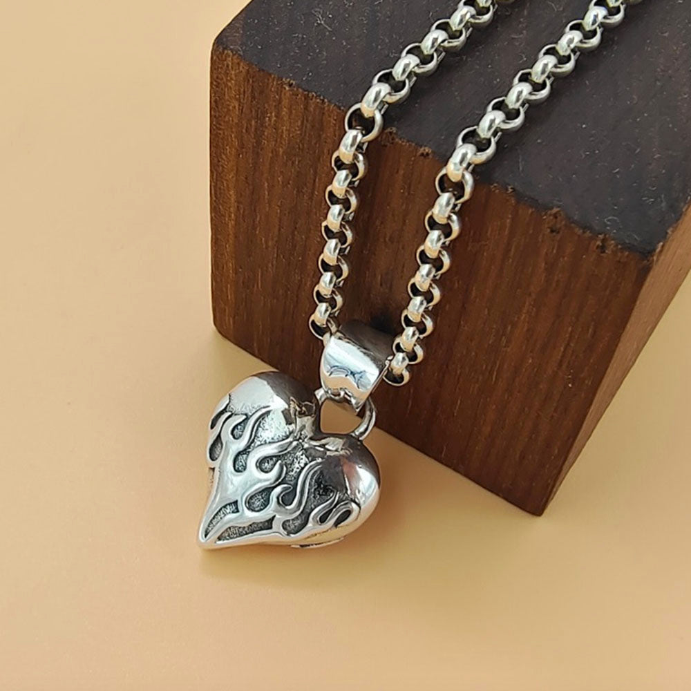 Men's Sterling Silver Flame Heart Pendant Necklace