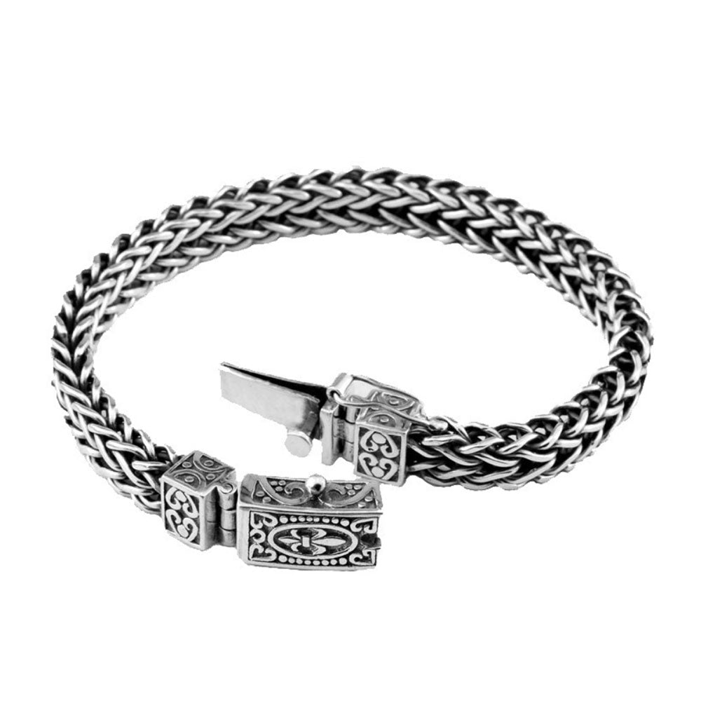 Pulsera de cadena de trigo con flor de lis de plata de ley para hombre