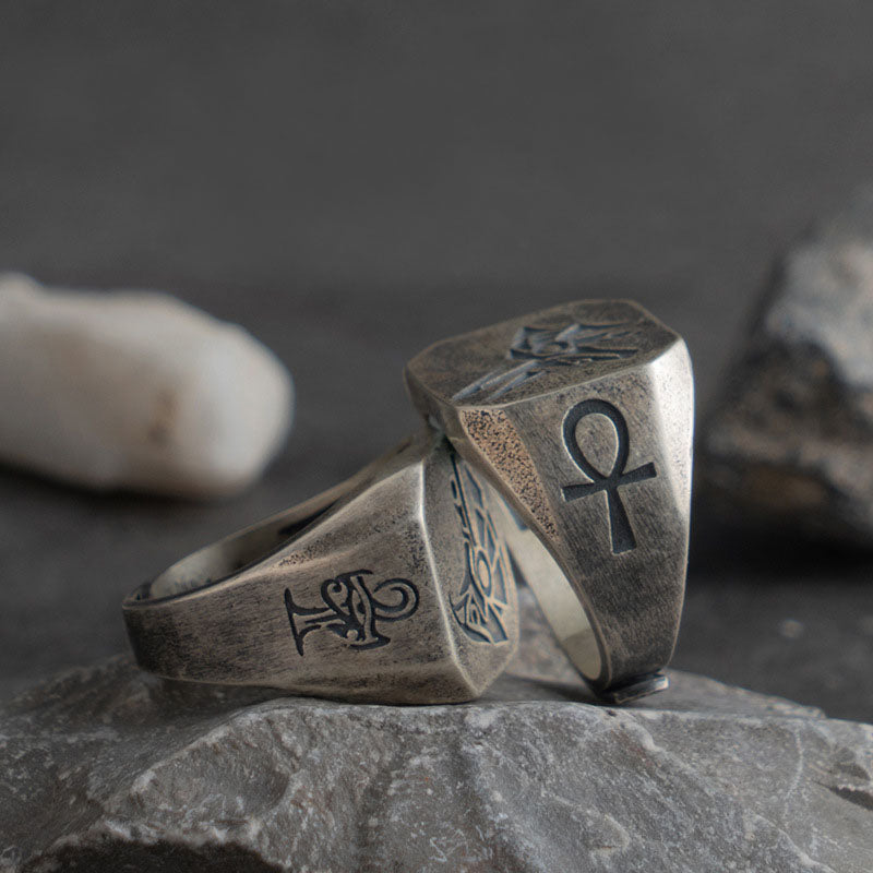 Men’s Sterling Silver Horus & Anubis Signet Ring