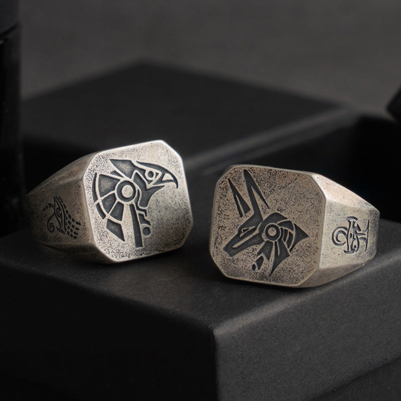 Men’s Sterling Silver Horus & Anubis Signet Ring