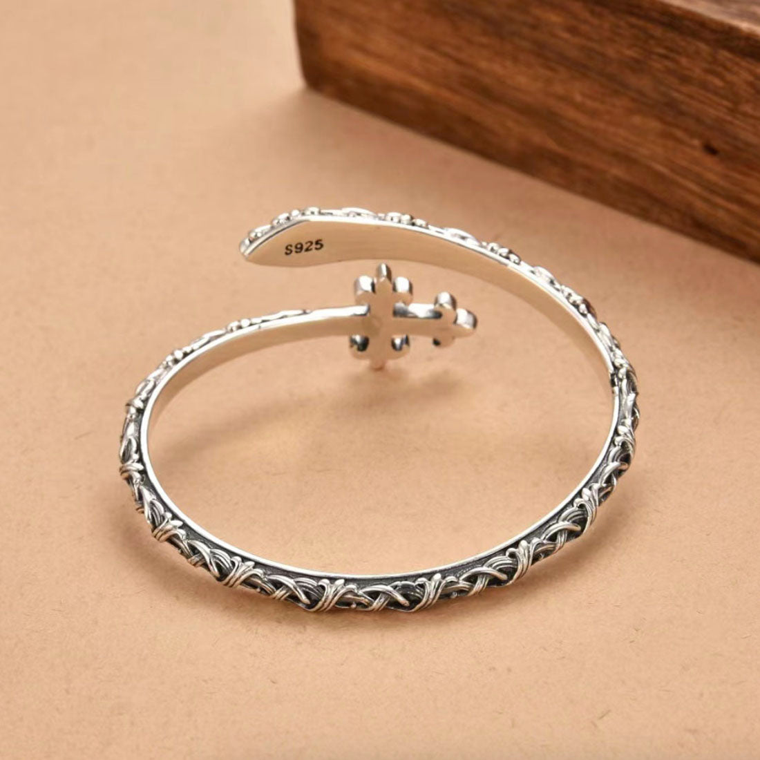 Men’s Sterling Silver Cross Cuff Bracelet with Ivy Pattern